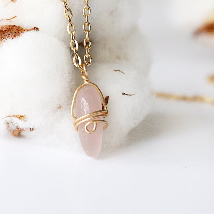 Rose Quartz Charm Necklace - Gold Plated Brass Designs by Nature Gems