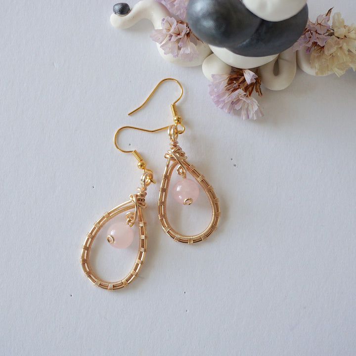 Rose Quartz Gold Plated Round Wire Earring Designs by Nature Gems