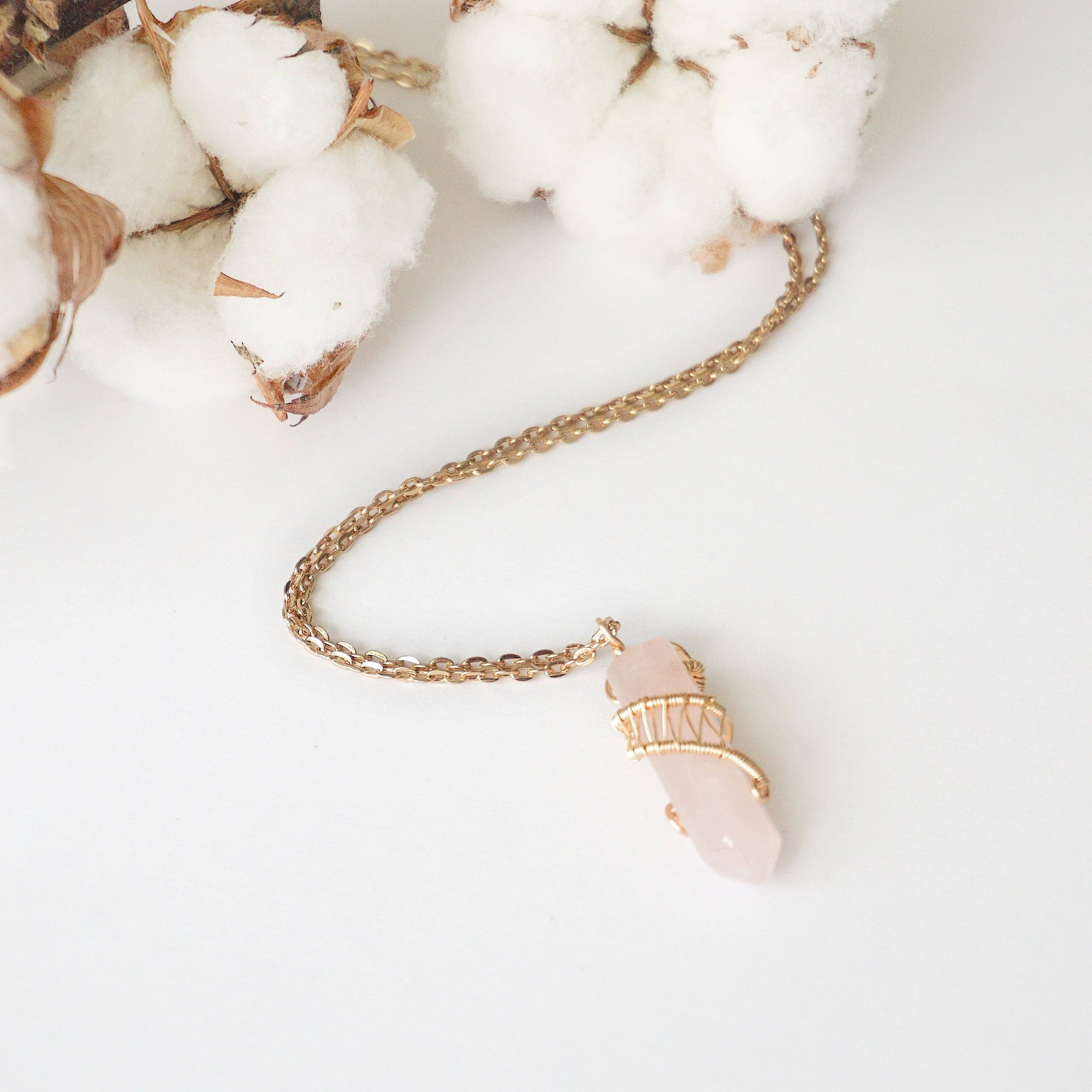 Rose Quartz Hexagonal Point Necklace - Gold Plated Designs by Nature Gems