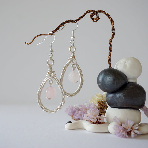 Rose Quartz Silver Plated Round Wire Earring Designs by Nature Gems