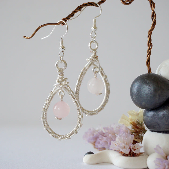 Rose Quartz Silver Plated Round Wire Earring Designs by Nature Gems