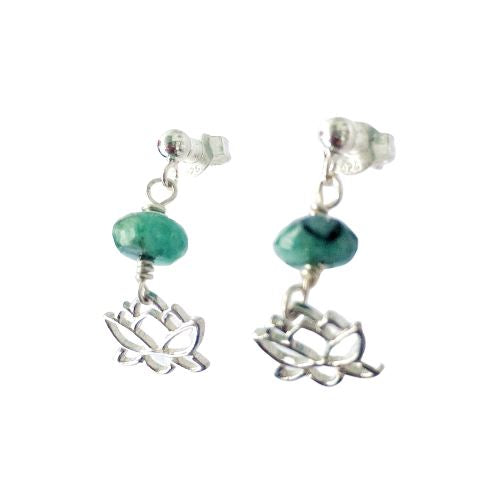 Silver Lotus and Raw Emerald Drop Earrings - May Birthstone Jewelry DesignsbyNatureGems