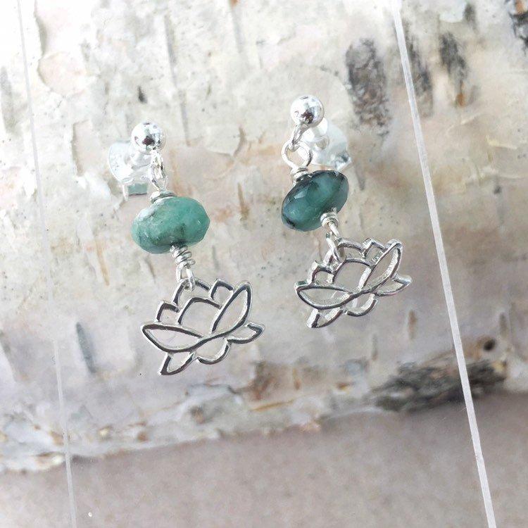 Silver Lotus and Raw Emerald Drop Earrings - May Birthstone Jewelry DesignsbyNatureGems