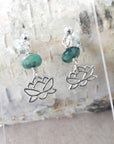 Silver Lotus and Raw Emerald Drop Earrings - May Birthstone Jewelry DesignsbyNatureGems