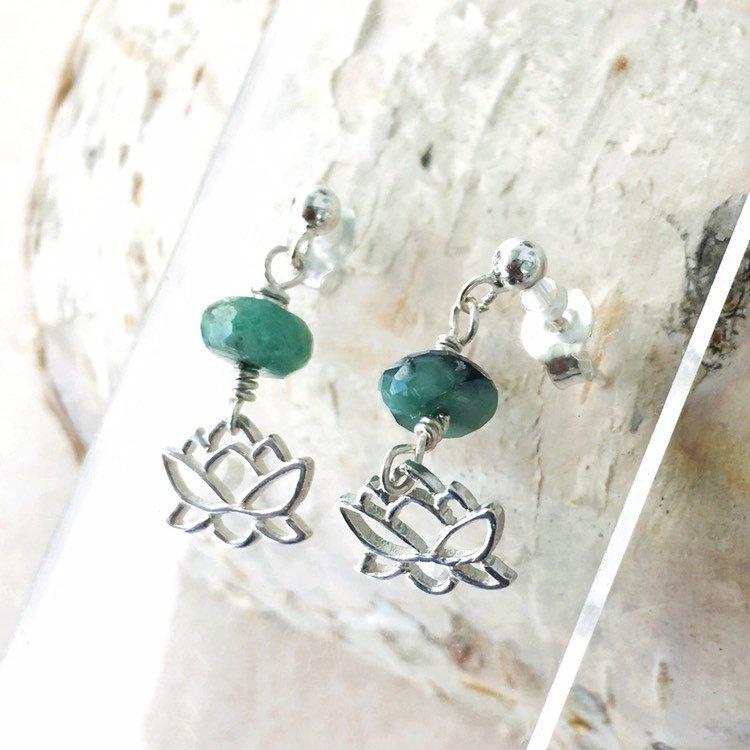 Silver Lotus and Raw Emerald Drop Earrings - May Birthstone Jewelry DesignsbyNatureGems