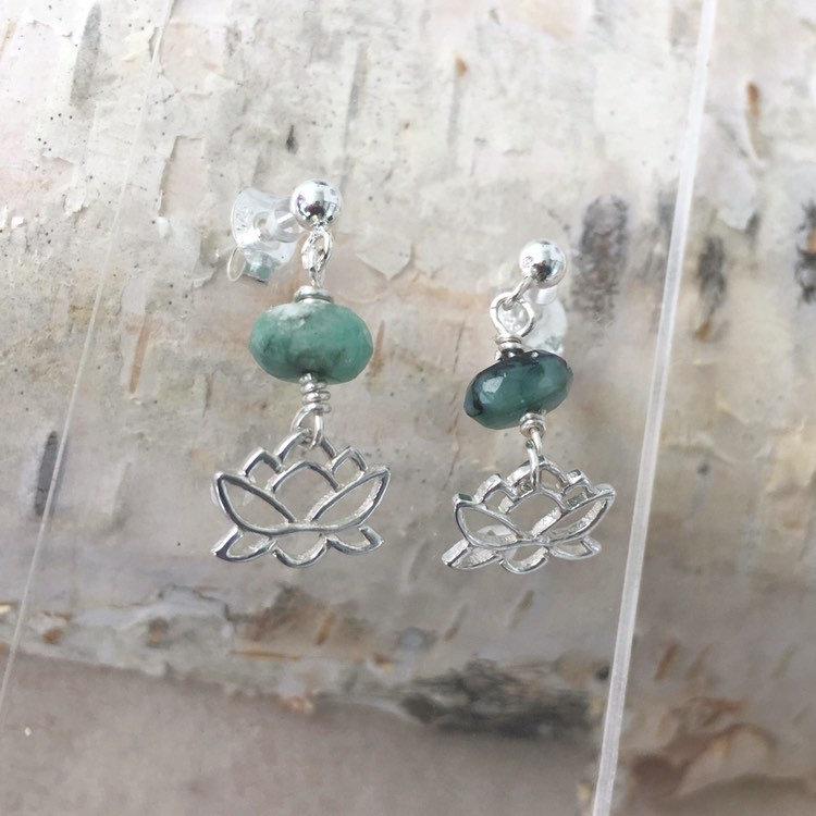 Silver Lotus and Raw Emerald Drop Earrings - May Birthstone Jewelry DesignsbyNatureGems