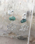 Silver Lotus and Raw Emerald Drop Earrings - May Birthstone Jewelry DesignsbyNatureGems