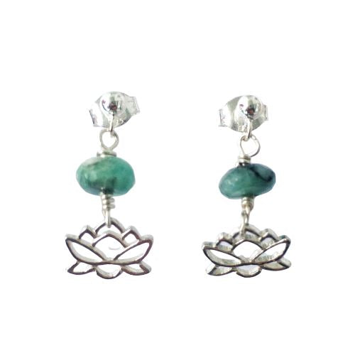 Silver Lotus and Raw Emerald Drop Earrings - May Birthstone Jewelry DesignsbyNatureGems