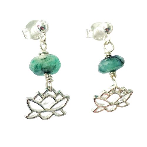 Silver Lotus and Raw Emerald Drop Earrings - May Birthstone Jewelry DesignsbyNatureGems