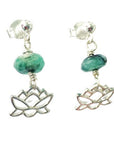 Silver Lotus and Raw Emerald Drop Earrings - May Birthstone Jewelry DesignsbyNatureGems