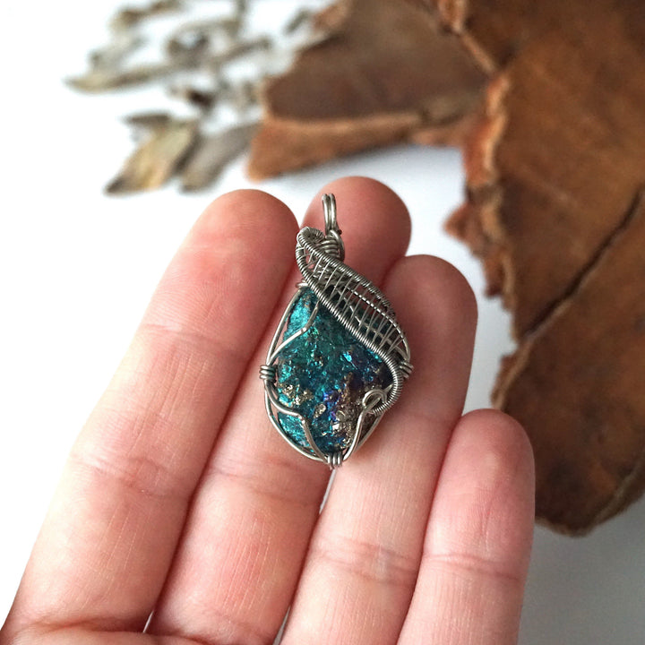 Silver Wire Wrapped Peacock Ore Pendant - Bornite Crystal Necklace DesignsbyNatureGems