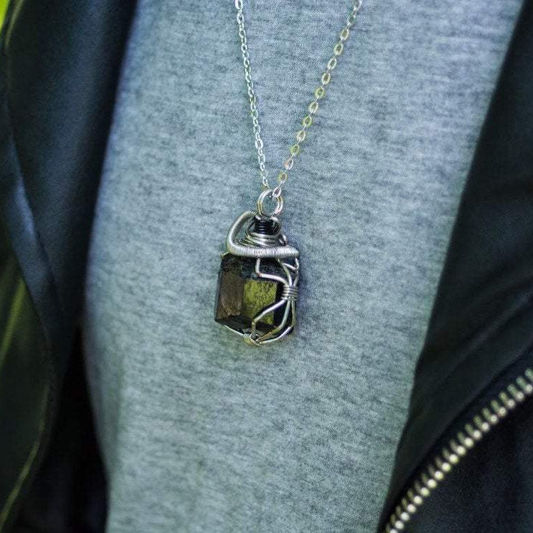 Silver Wire Wrapped Raw Black Tourmaline Necklace - October Birthstone DesignsbyNatureGems
