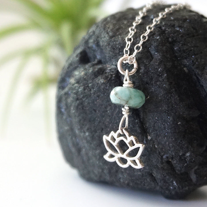 Sterling Silver Lotus Raw Emerald Crystal Necklace - May Birthstone Jewelry DesignsbyNatureGems