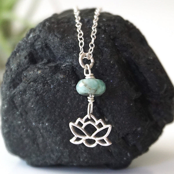 Sterling Silver Lotus Raw Emerald Crystal Necklace - May Birthstone Jewelry DesignsbyNatureGems