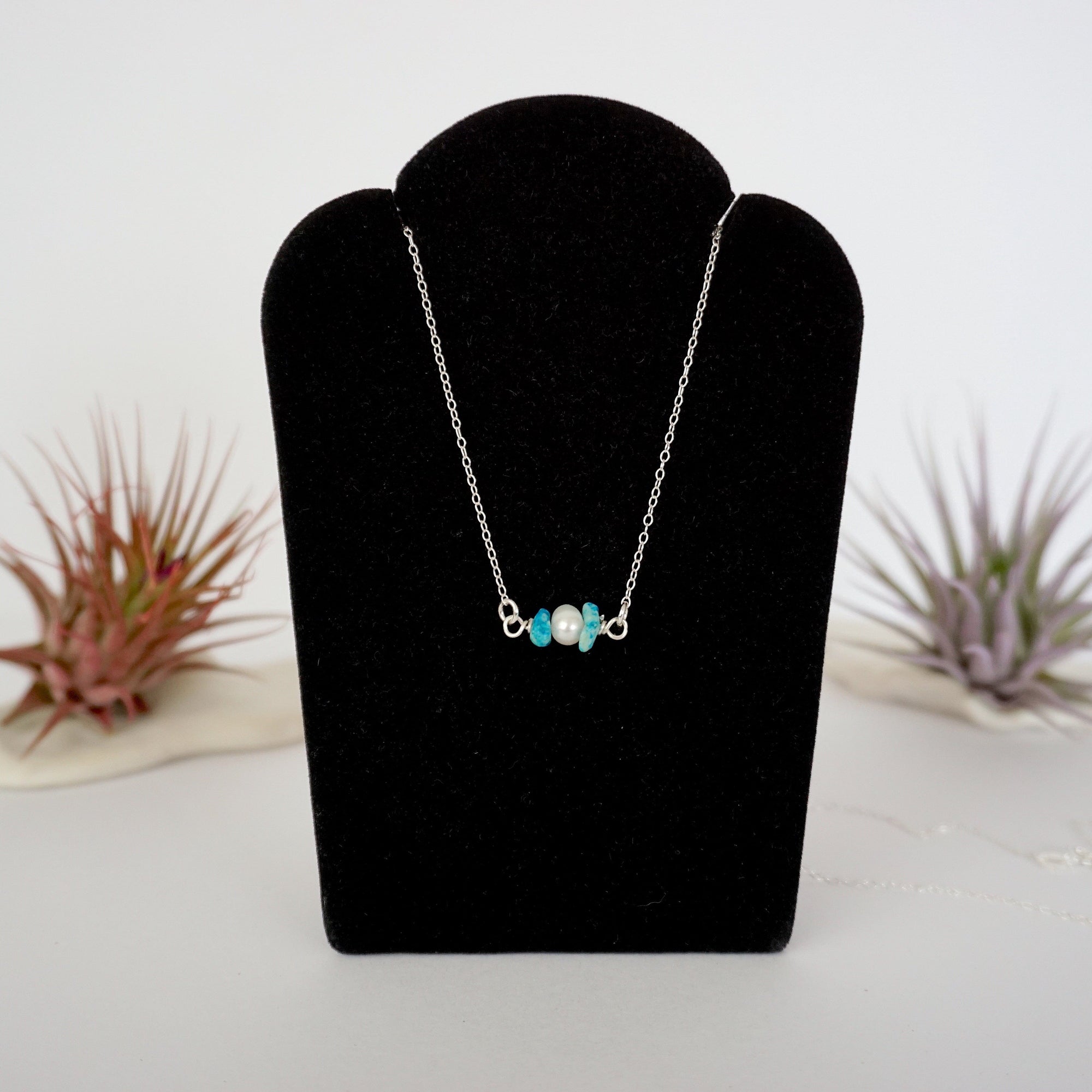 Sterling silver turquoise pearl bar necklace handmade pendant full view