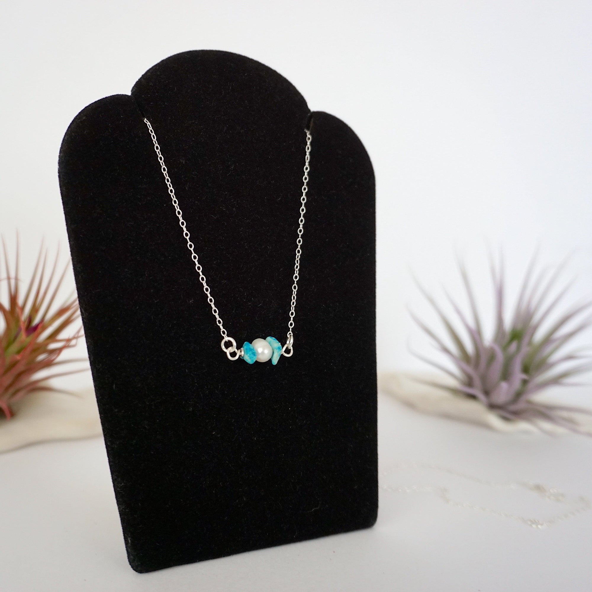 Handmade turquoise pearl bar necklace right angle sterling silver full view