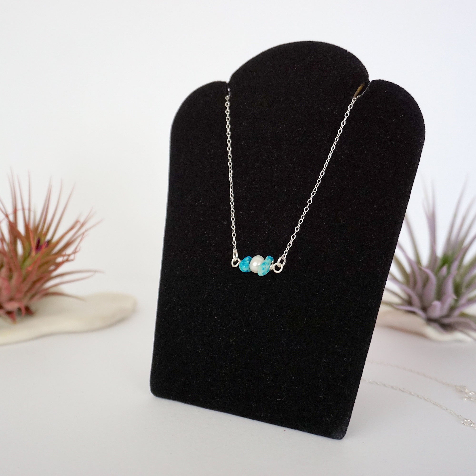Turquoise pearl bar necklace left angle view sterling silver chain pendant