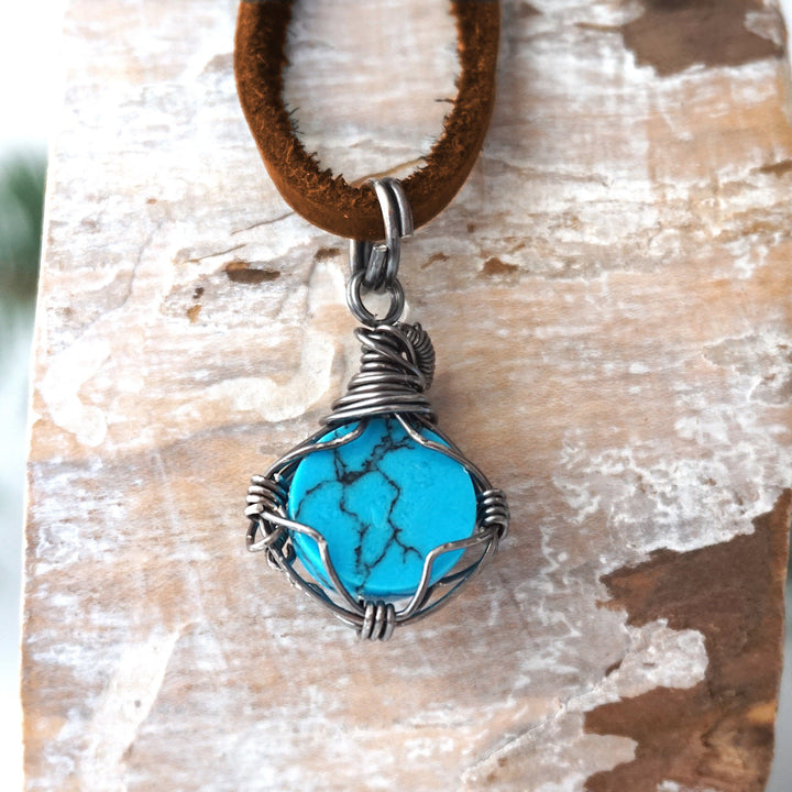 Turquoise Charm Necklace - Antiqued Sterling Silver - Brown Leather Designs by Nature Gems