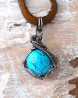 Turquoise Charm Necklace - Antiqued Sterling Silver - Brown Leather Designs by Nature Gems