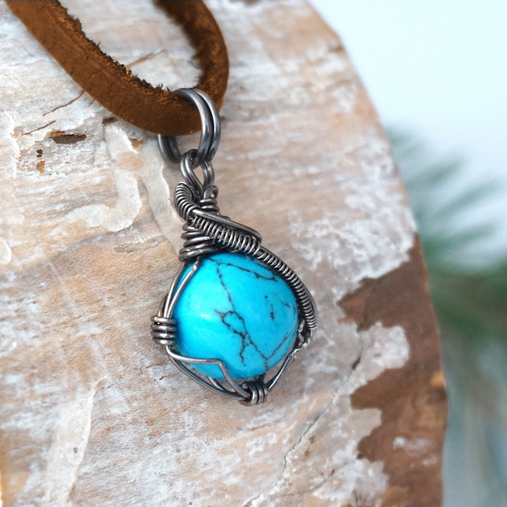 Turquoise Charm Necklace - Antiqued Sterling Silver - Brown Leather Designs by Nature Gems