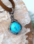 Turquoise Charm Necklace - Antiqued Sterling Silver - Brown Leather Designs by Nature Gems