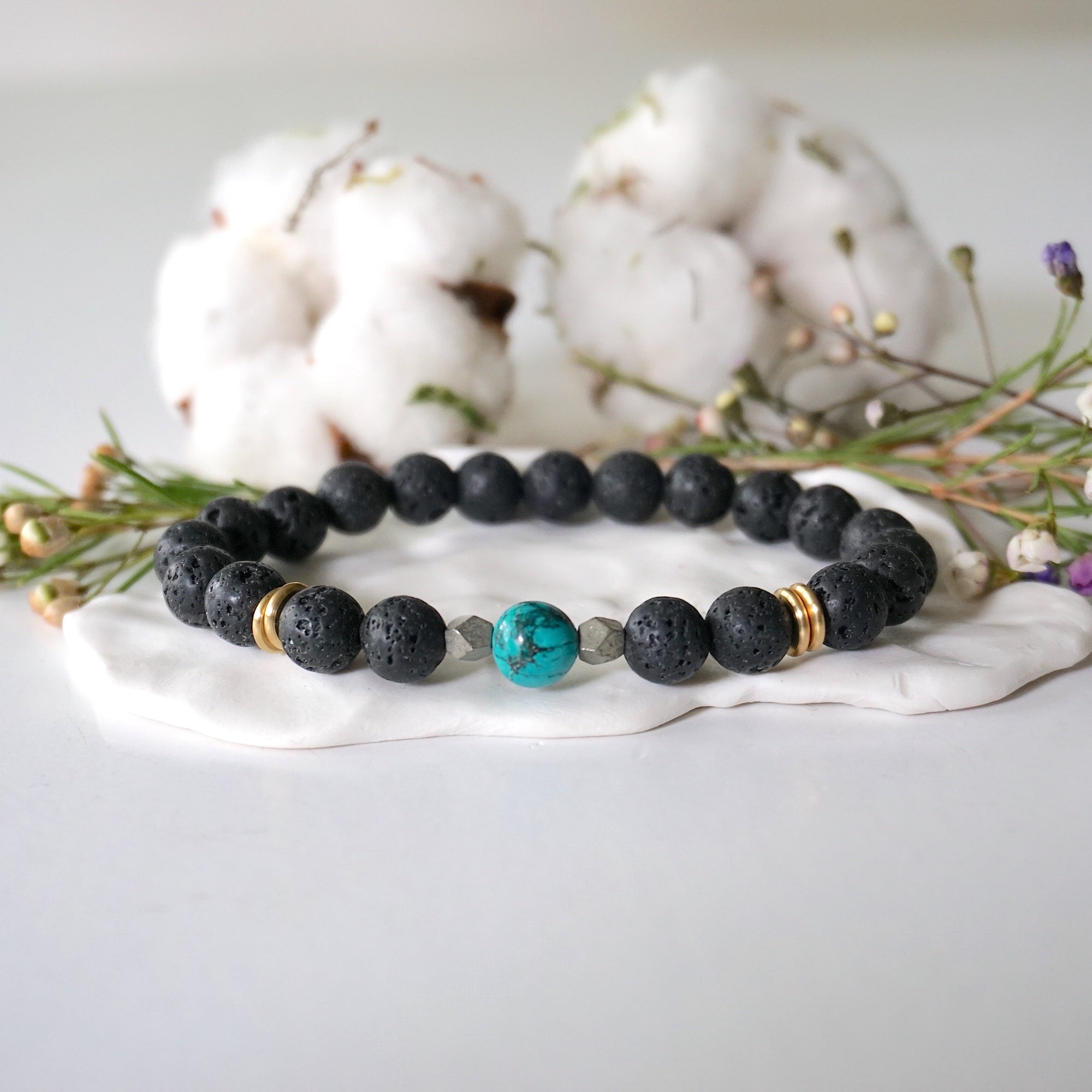 Turquoise lava bead mala bracelet with pyrite chips and gold accents