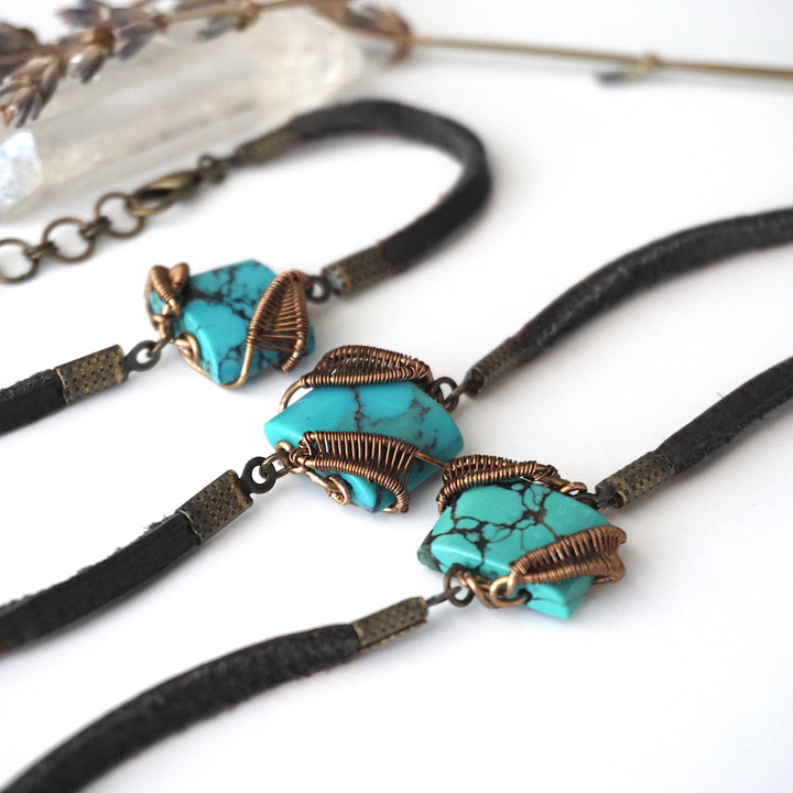 Turquoise Leather Bracelet - Adjustable - Black or Brown Leather Designs by Nature Gems