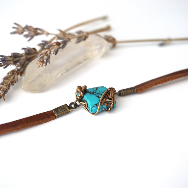 Turquoise Leather Bracelet - Adjustable - Black or Brown Leather Designs by Nature Gems