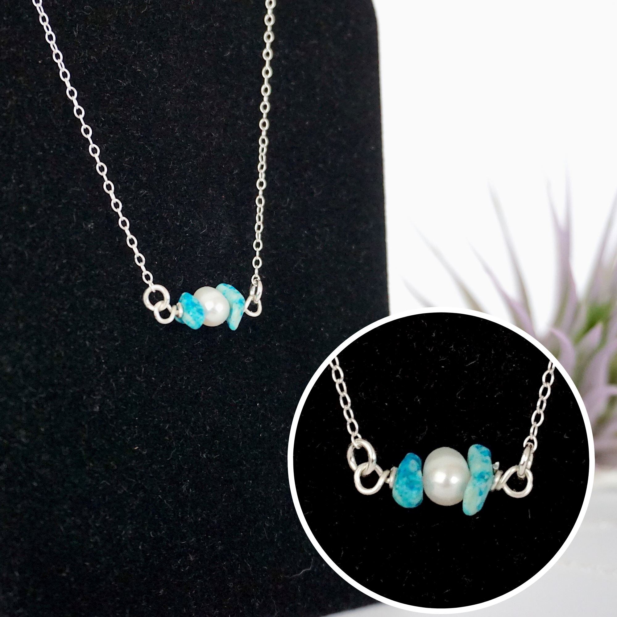 Raw turquoise pearl bar pendant close up detail handmade sterling silver wire