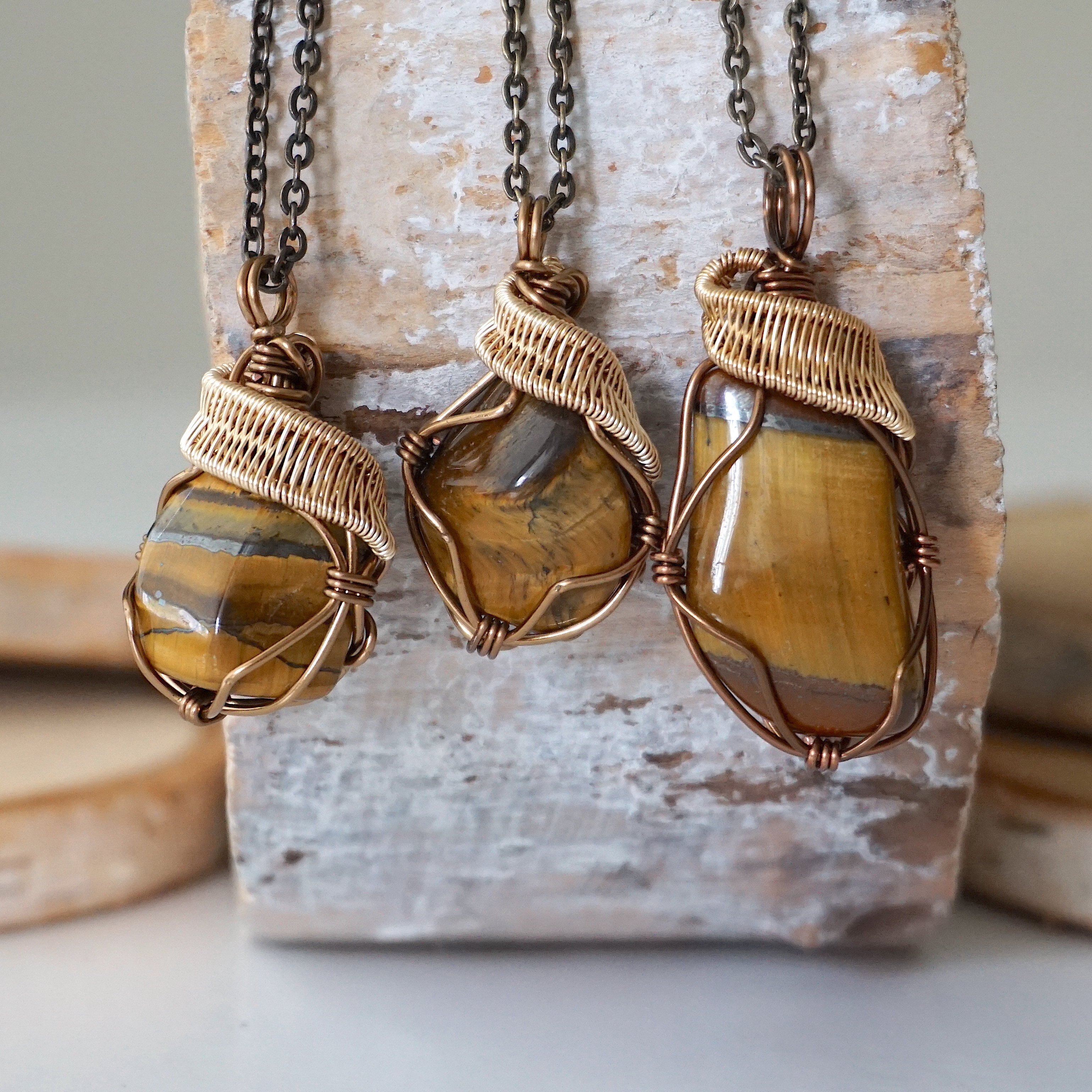 Brown raw stone necklace for women Natural rough tiger's eye and druzy petrified wood popular chunky necklace Earthy