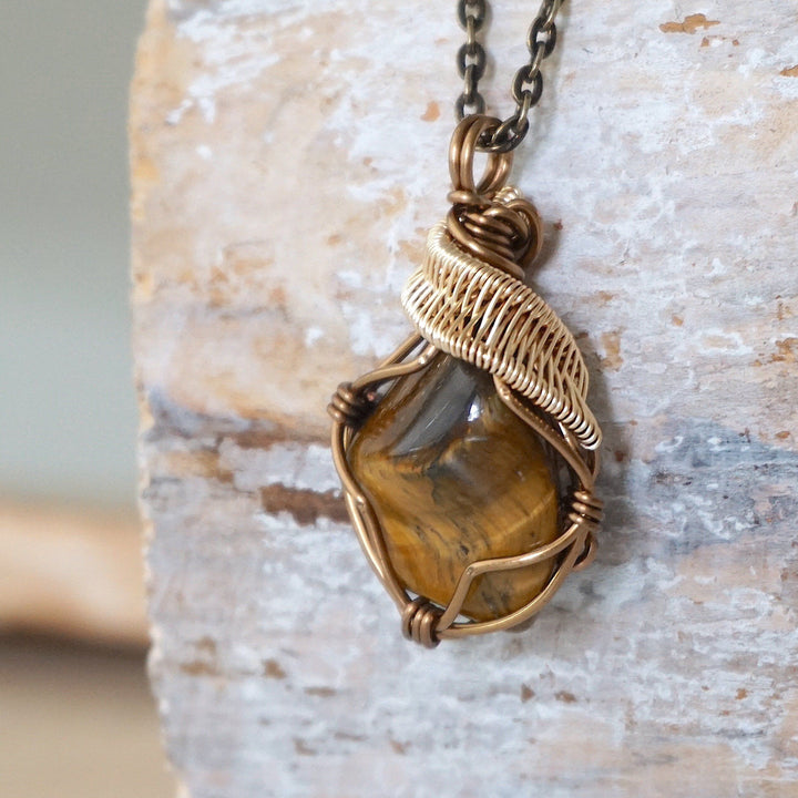 Wire Wrapped Raw Tiger's Eye Pendant - Antique Bronze and Gold Plated DesignsbyNatureGems